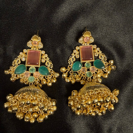 Jhumka with Pink and Green Stones, Traditional Indian Jewelry, Ornate Filigree Design