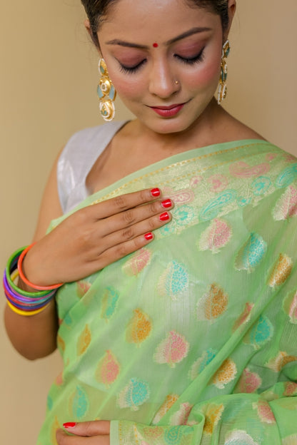 Ethereal Mint Green Banarasi Silk Brocade Saree with Rich Zari Weave