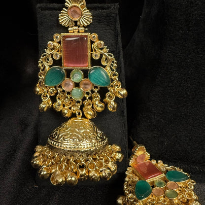 Jhumka with Pink and Green Stones, Traditional Indian Jewelry, Ornate Filigree Design