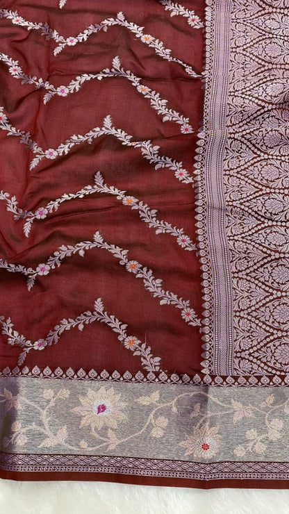 Royal Maroon Red Banarasi Semi Chiffon Saree with Zari Laheriya Weaving & Meenakari Work