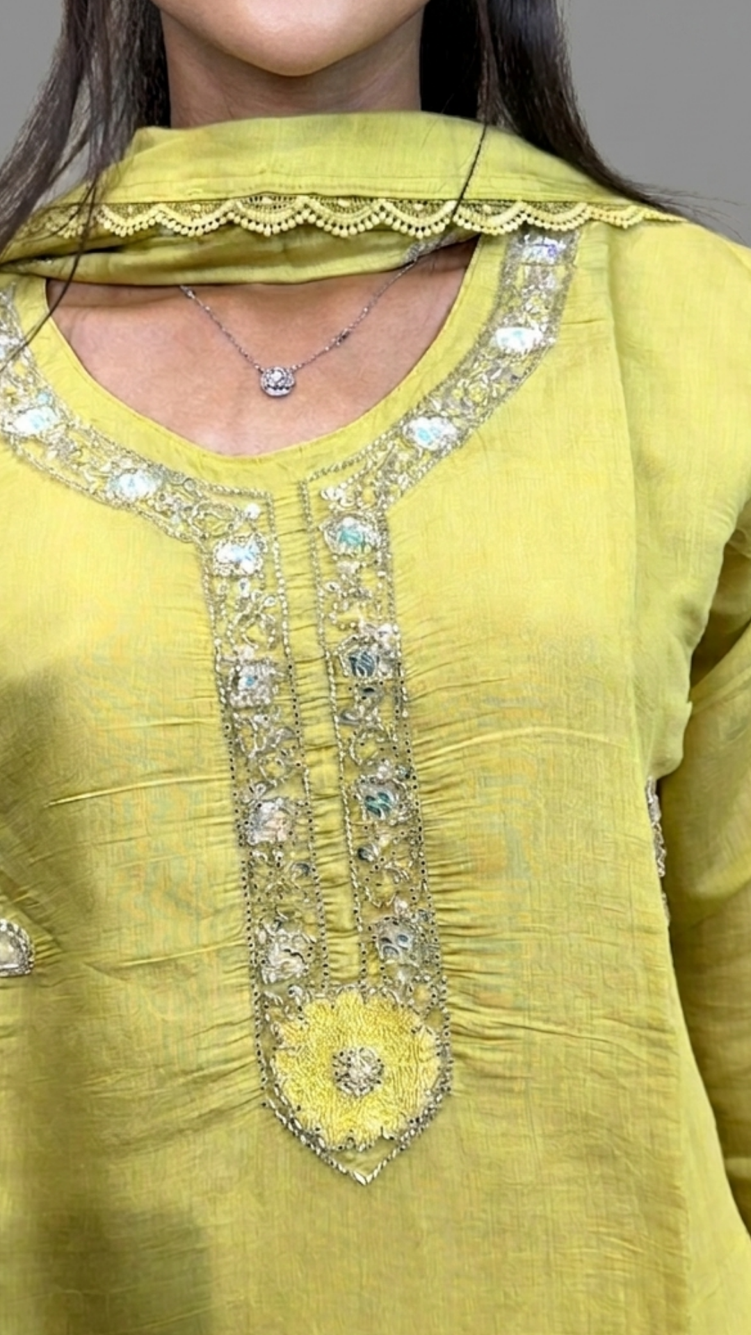 BanaraShe Lime Yellow Embroidered Chanderi Cotton Straight Suit Set With Dupatta