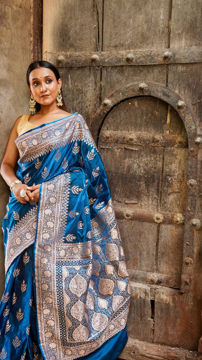 Midnight Peacock Blue Banarasi Silk Saree with Silver Zari Elegance