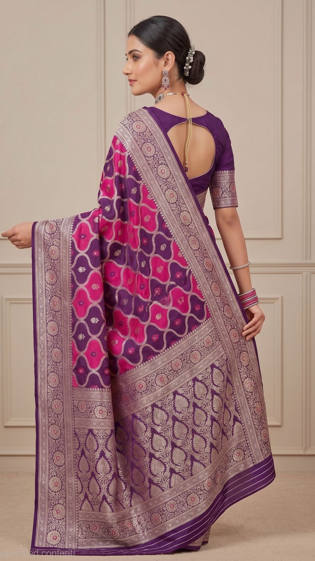 Banarashe Purple & Pink Mashru Silk Saree with Intricate Floral Woven Border & Traditional Motifs