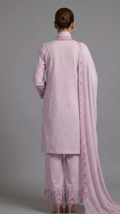 Banarashe Women’s Light Pink Embroidered Straight Kurta with Palazzo Pants & Matching Dupatta Set