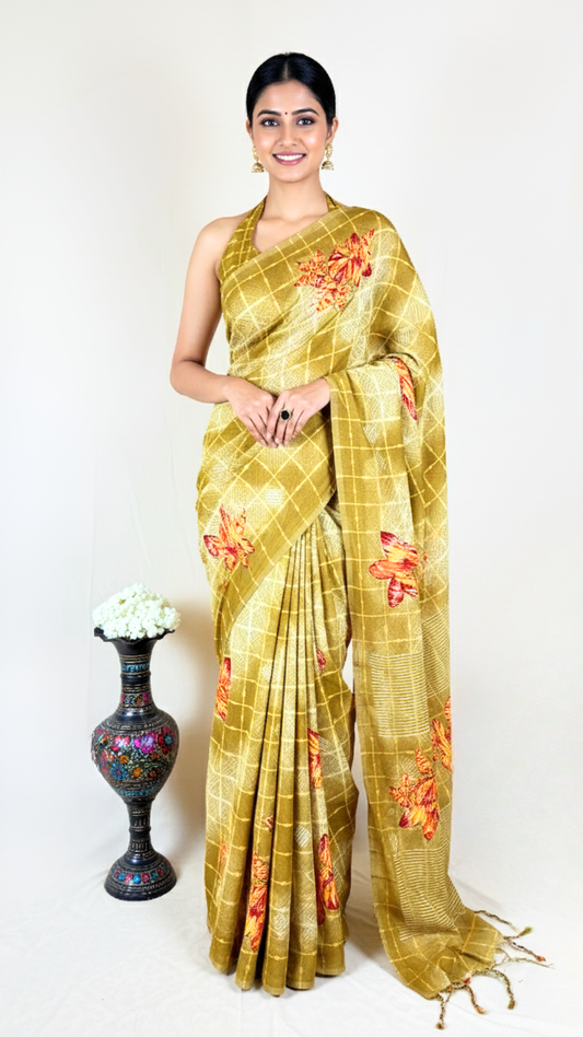 Floral Print Banarasi Georgette Saree  (Mustard)