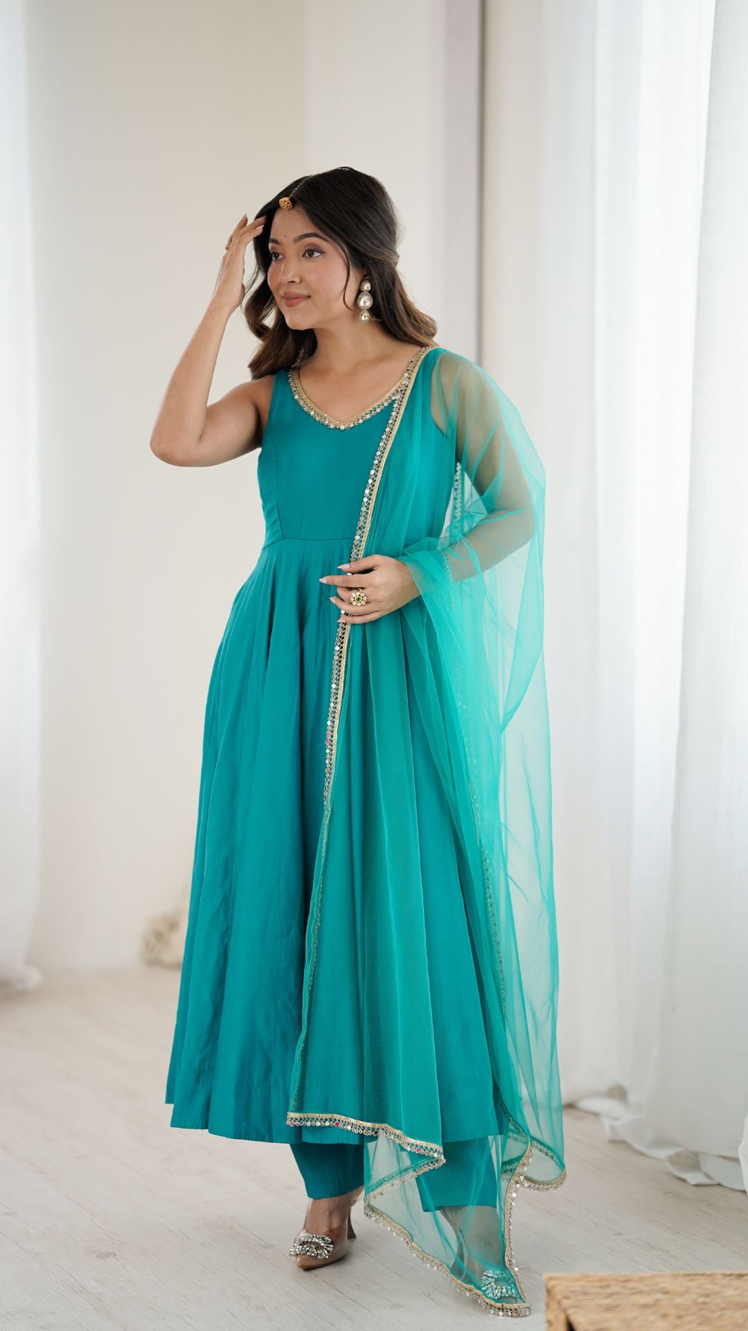 Rama Green Chanderi Silk Anarkali Suit with Dupatta for Women
