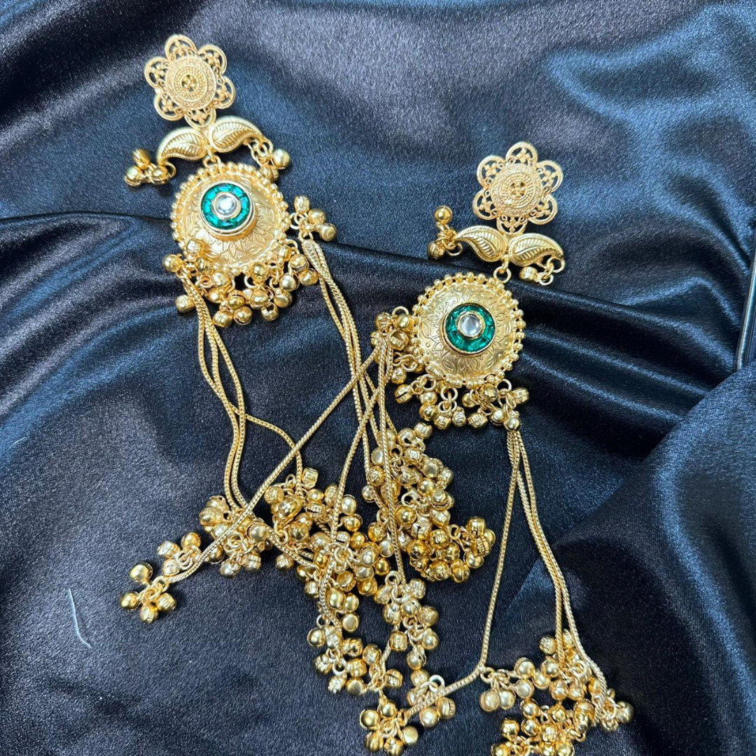 Banarashe Royal Bloom Earrings Green & White Gemstone Temple Danglers