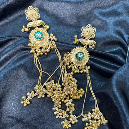 Banarashe Royal Bloom Earrings Green & White Gemstone Temple Danglers