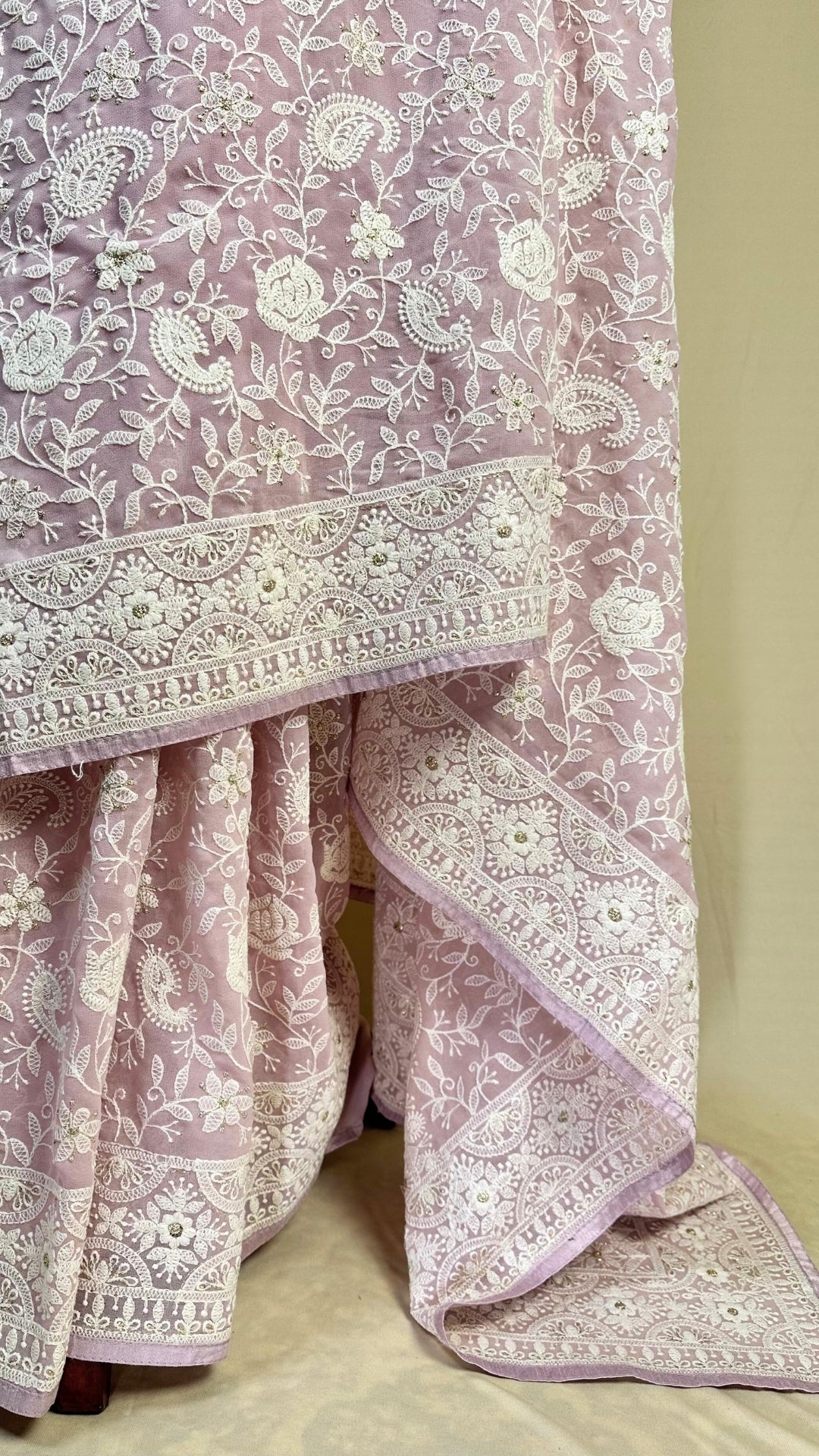 Elegant baby pink chikankari Saree with White Floral Embroidery,