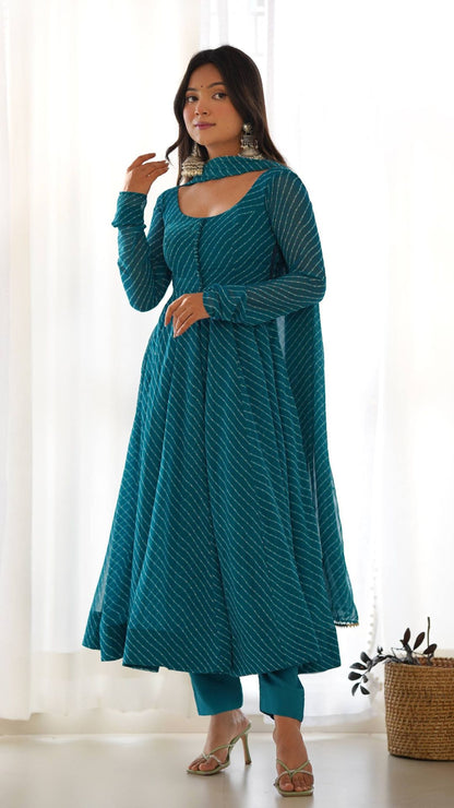 Rama Blue Fox Georgette Laheriya Anarkali Set with Dupatta