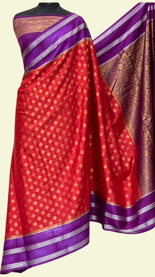 Red & Purple Raw Mango Silk Saree with Zari Booti Work & Designer Border