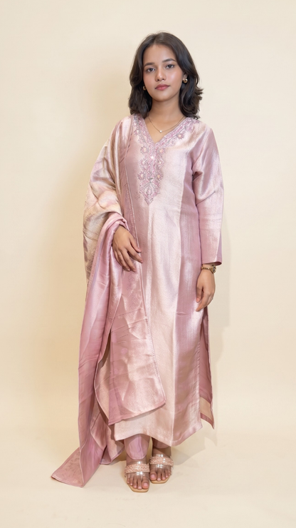 Premium Rose Gold Shimmer Straight Kurta With Pant & Dupatta Set