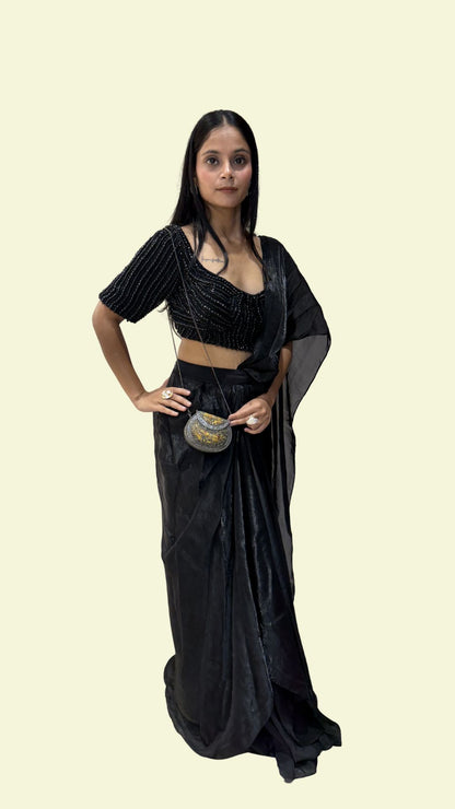 Black Designer Draped Saree with Embellished Blouse