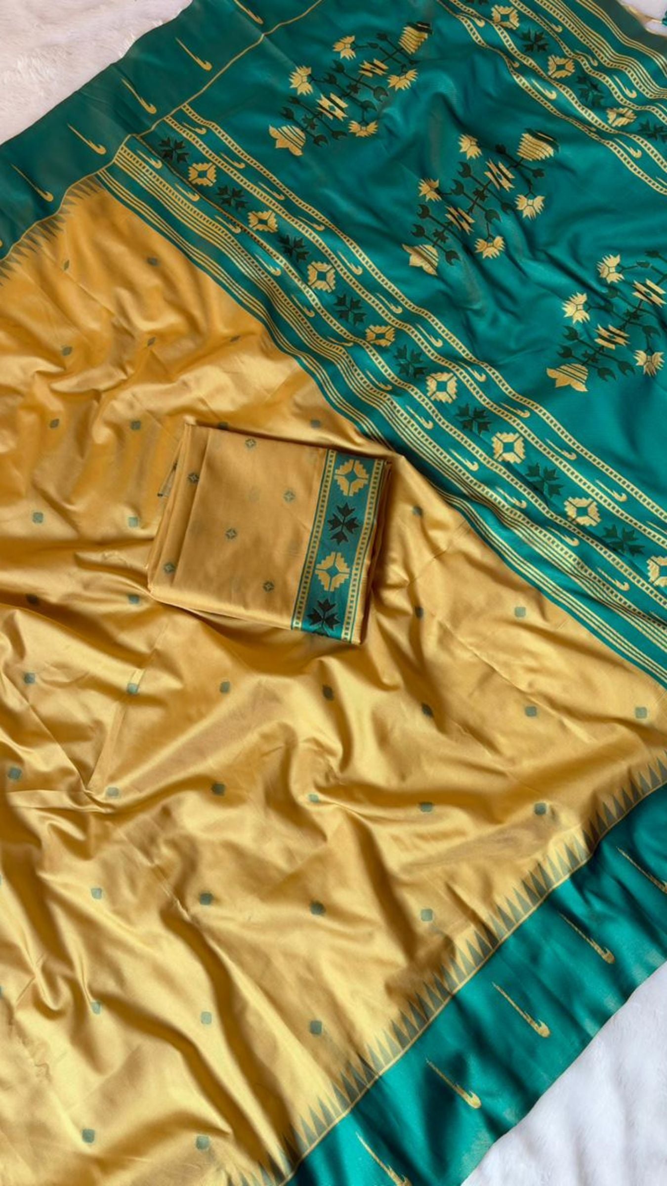 Mustard Yellow & Teal Green Handloom Soft Silk Saree
