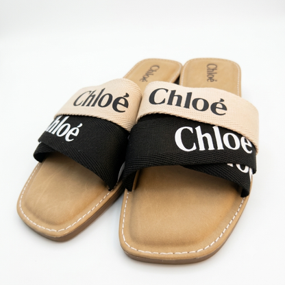 Women’s Beige & Black Printed Slip-On Flat Sandals