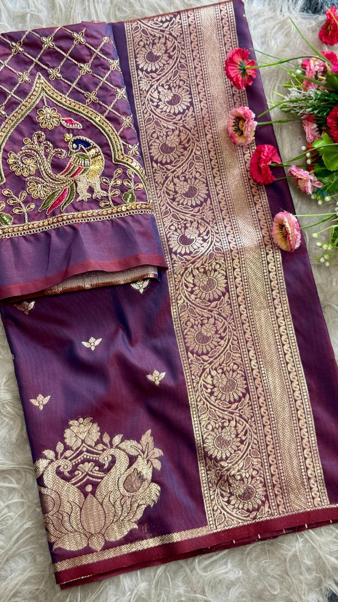 Deep Royal Wine Paithani Silk Saree with Peacock Motifs & Aari Blouse