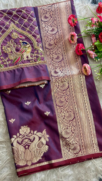 Deep Royal Wine Paithani Silk Saree with Peacock Motifs & Aari Blouse