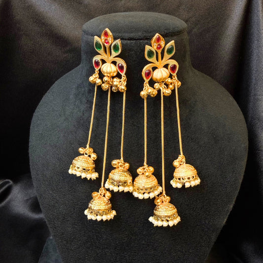 Traditional Kashmiri Jhumka Earrings Gold-Plated Long Dangler Earrings with Pearl Drops
