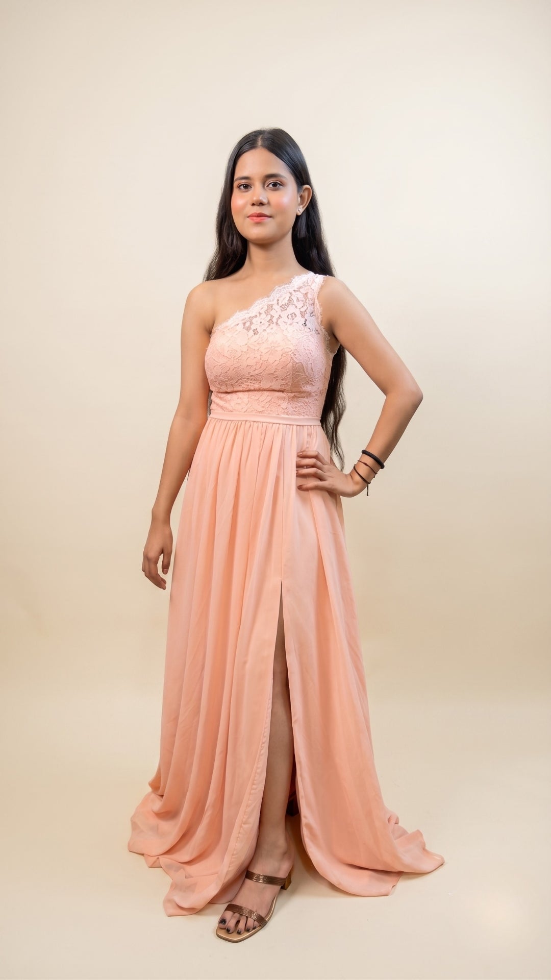 Banarashe Women’s Peach One-Shoulder Lace Maxi Dress
