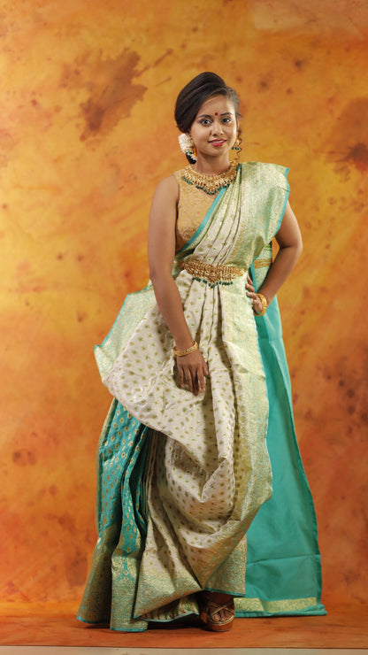 Sea Green and Cream all Jaal Zari Art Work Handloom Katan Pure Silk Saree