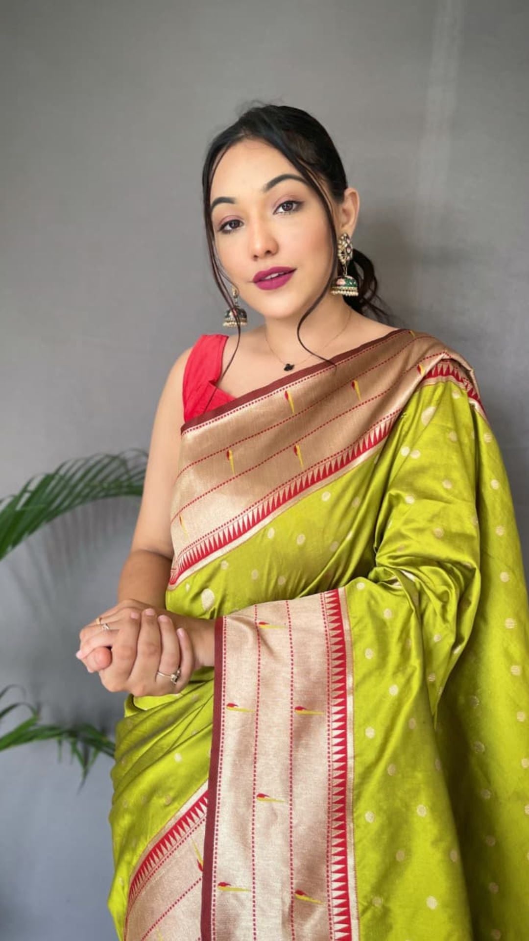Lime Green Polka Paithani Silk Saree with Contrast Red Border