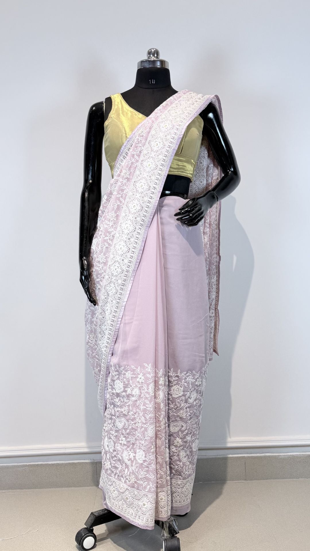Blush Pink Semi Chikankari Saree for Women with Floral Embroidery