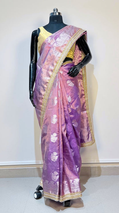 Dual-Tone Lavender Pink Zari Buta Tissue Saree with Moti Lace Border