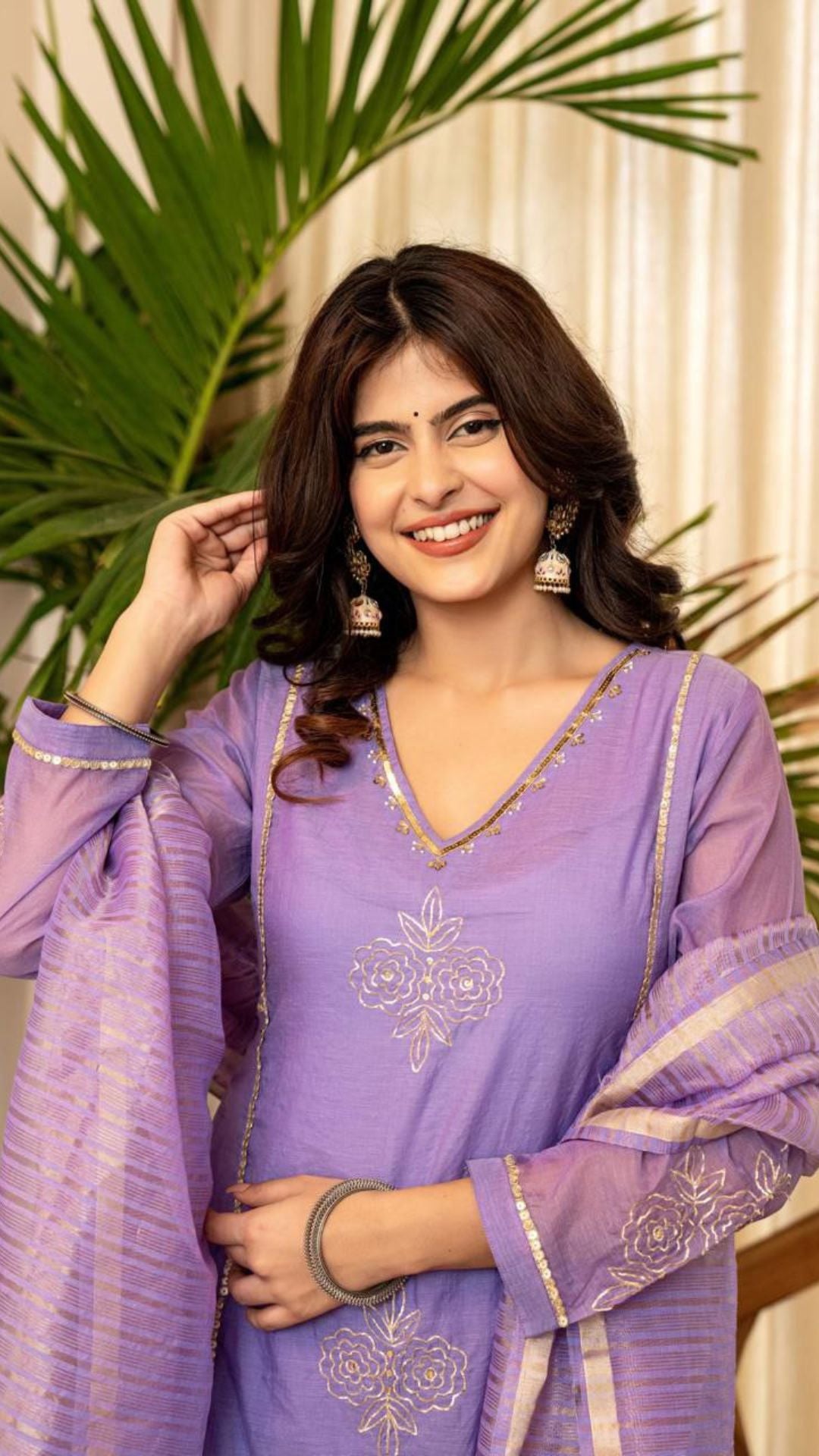 Lavender Premium Mul Chanderi Embroidered Anarkali Kurta Pant Set with Banarasi Dupatta