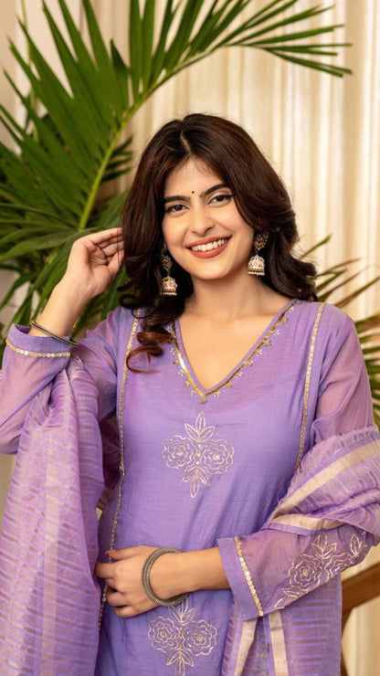 Lavender Premium Mul Chanderi Embroidered Anarkali Kurta Pant Set with Banarasi Dupatta