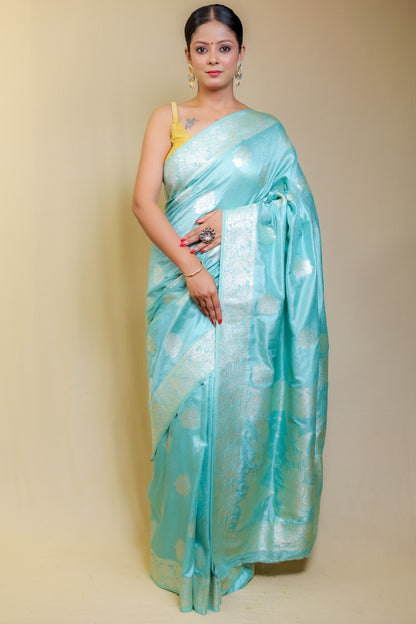 Banarashe Sky Blue Designer Mercerised Banarasi Kataan Monica Silk