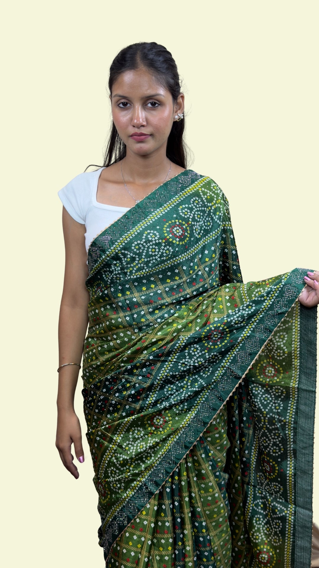 Dark Green Bandhani Print Embellished Soft Silk Saree