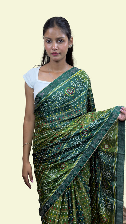 Dark Green Bandhani Print Embellished Soft Silk Saree