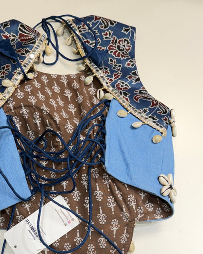 Blue Kalamkari Printed Halter Blouse with Cowrie Shells