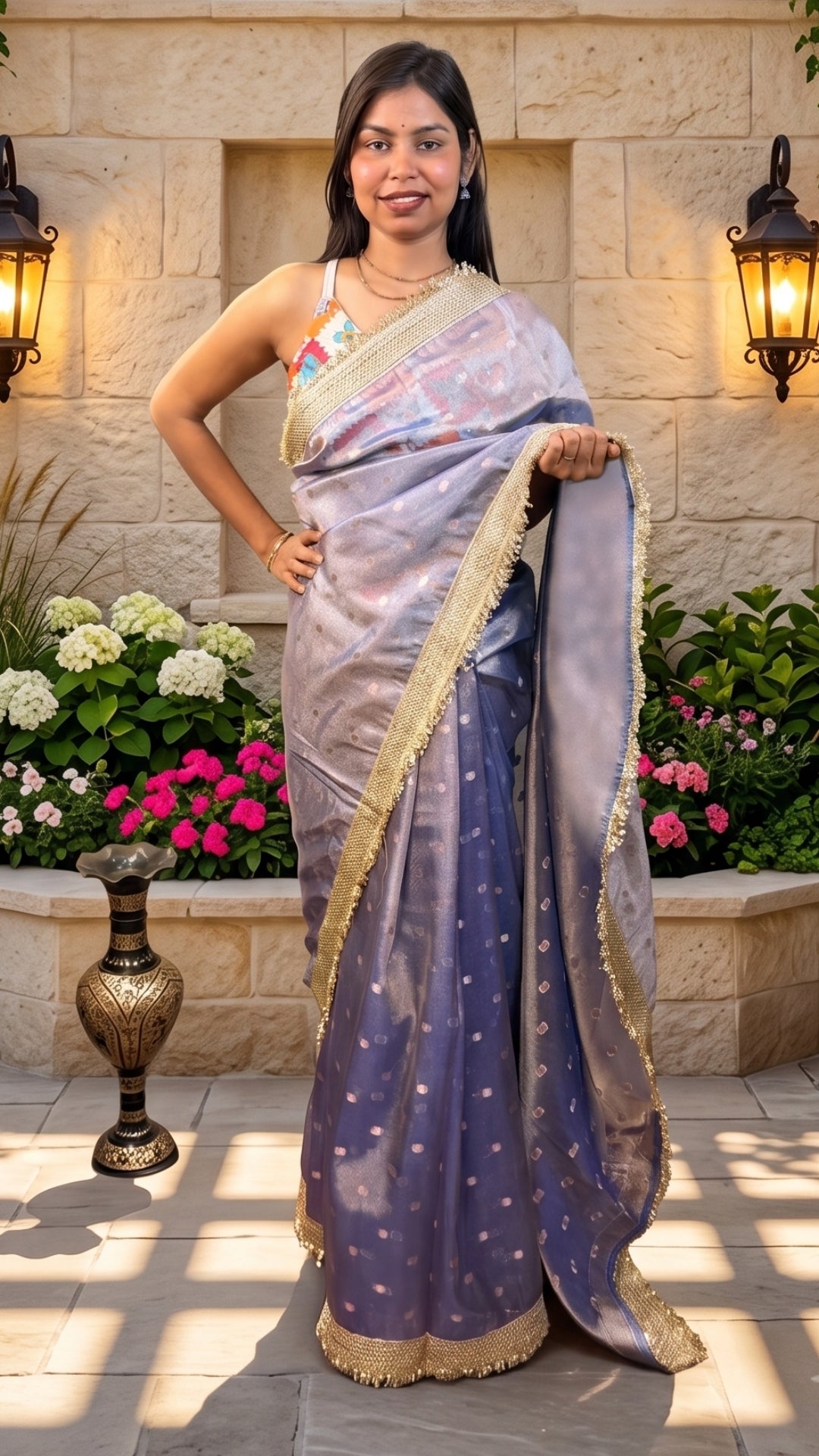 Lavender Tissue Silk Saree with Elegant Golden Lace Border