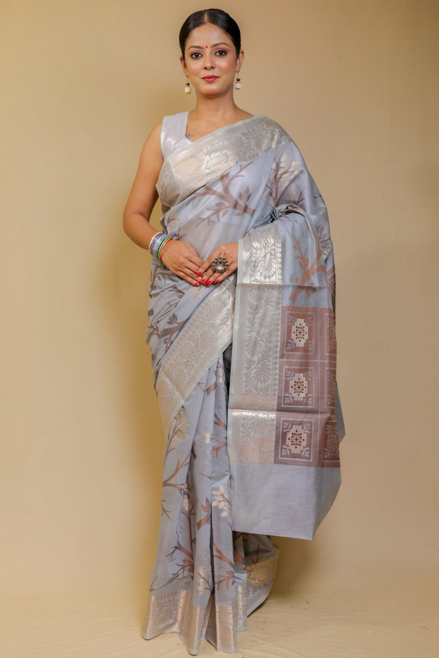 Regal Ash Grey Banarashe Designer Tree Pattern Pure Cotton Silk Saree