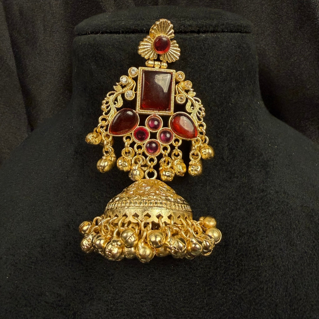 Jhumka with Red Stones, Antique Design, Dangling Bells, Indian Ethnic Jewelry