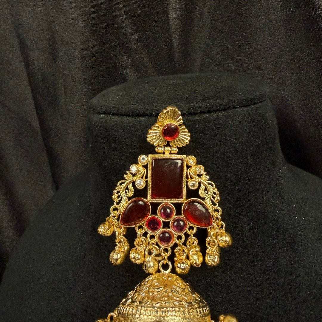 Jhumka with Red Stones, Antique Design, Dangling Bells, Indian Ethnic Jewelry
