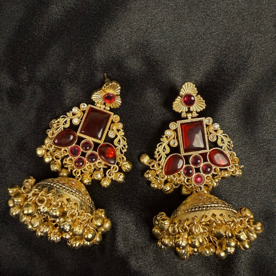 Jhumka with Red Stones, Antique Design, Dangling Bells, Indian Ethnic Jewelry