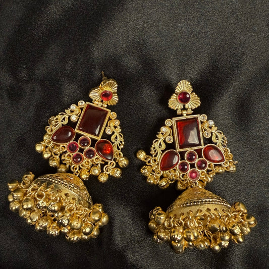 Jhumka with Red Stones, Antique Design, Dangling Bells, Indian Ethnic Jewelry