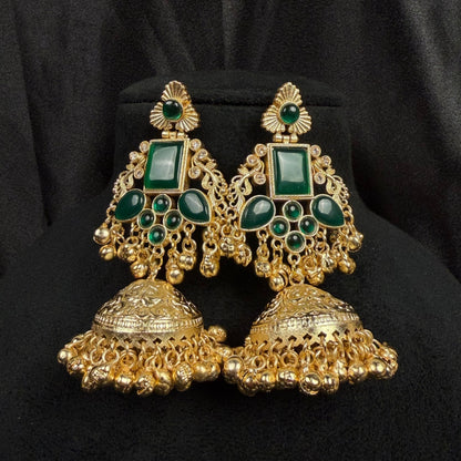 Jhumka Earrings with Green Stones, Antique Finish, Indian Ethnic Jewelry