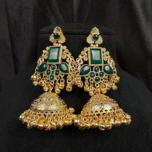 Jhumka Earrings with Green Stones, Antique Finish, Indian Ethnic Jewelry
