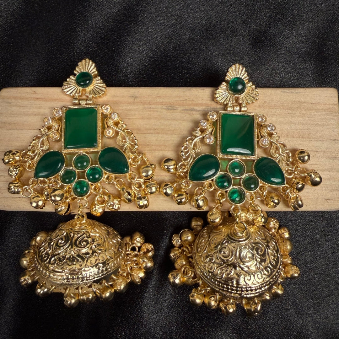 Jhumka Earrings with Green Stones, Antique Finish, Indian Ethnic Jewelry