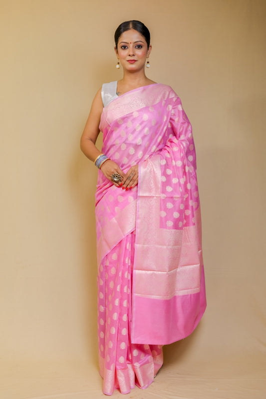 Luminous Bubblegum Pink Banarashe Pure Cotton Silk Saree with Resham Booti