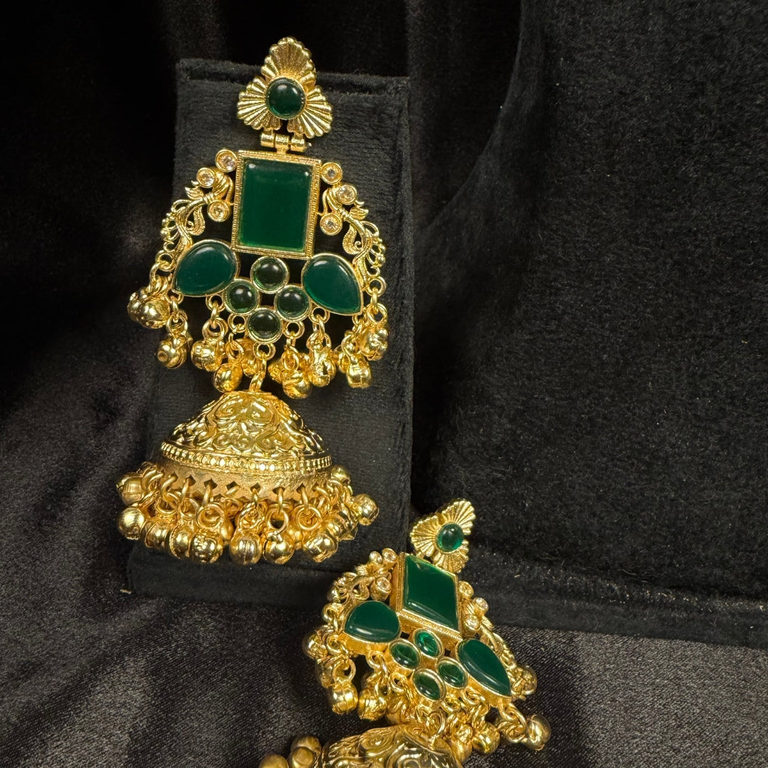 Jhumka Earrings with Green Stones, Antique Finish, Indian Ethnic Jewelry