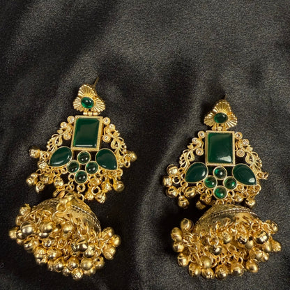 Jhumka Earrings with Green Stones, Antique Finish, Indian Ethnic Jewelry