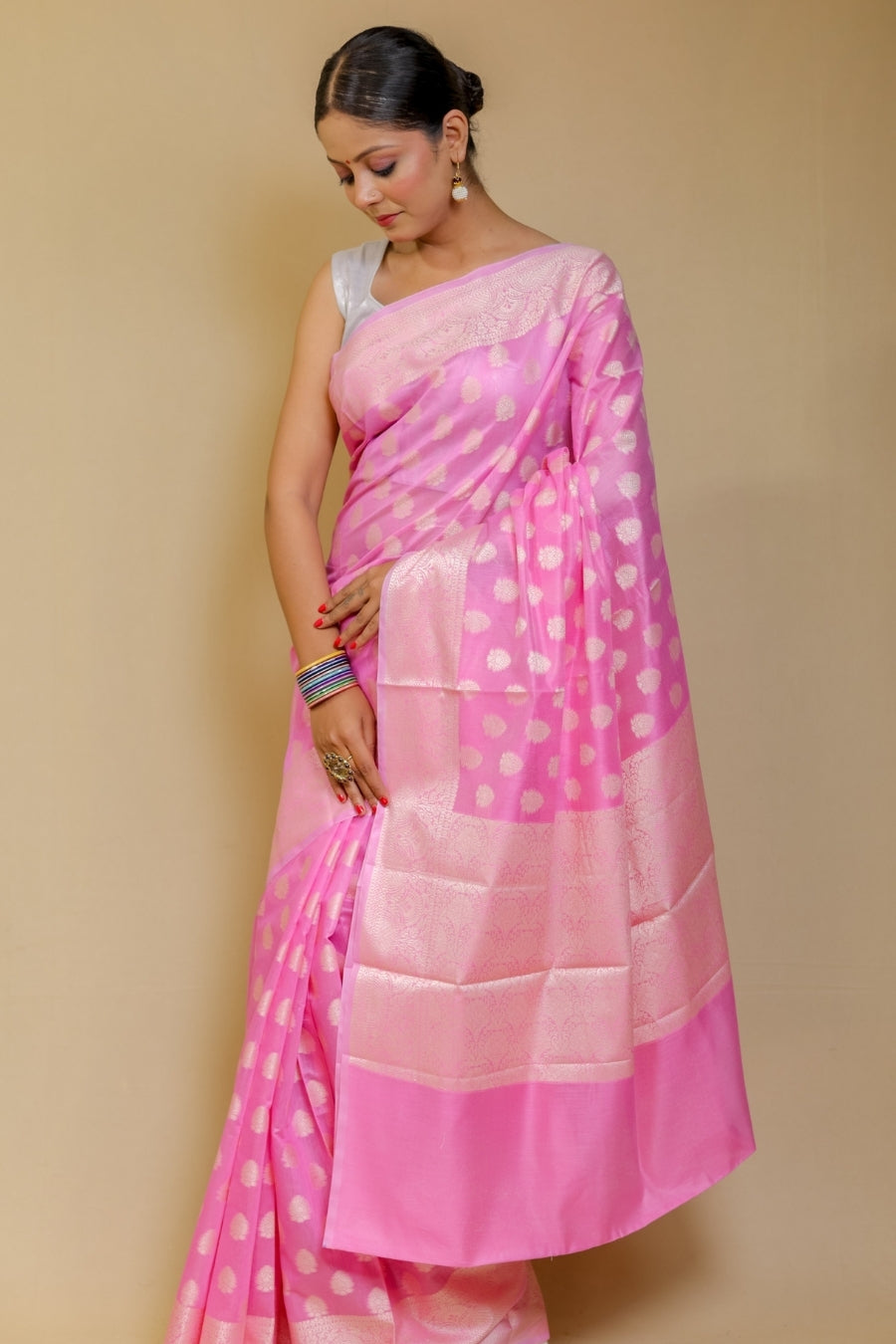 Luminous Bubblegum Pink Banarashe Pure Cotton Silk Saree with Resham Booti