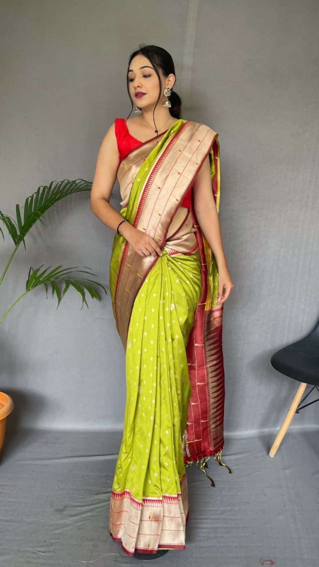 Lime Green Polka Paithani Silk Saree with Contrast Red Border