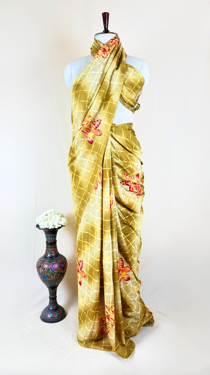 Floral Print Banarasi Georgette Saree  (Mustard)