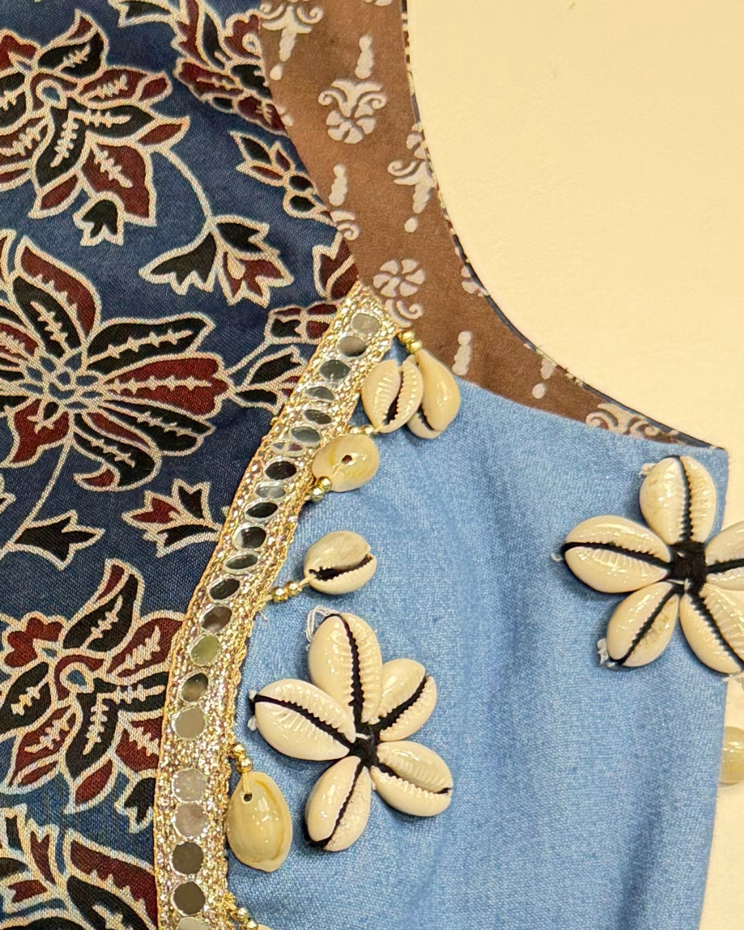 Blue Kalamkari Printed Halter Blouse with Cowrie Shells