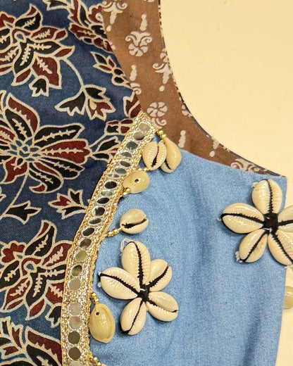 Blue Kalamkari Printed Halter Blouse with Cowrie Shells